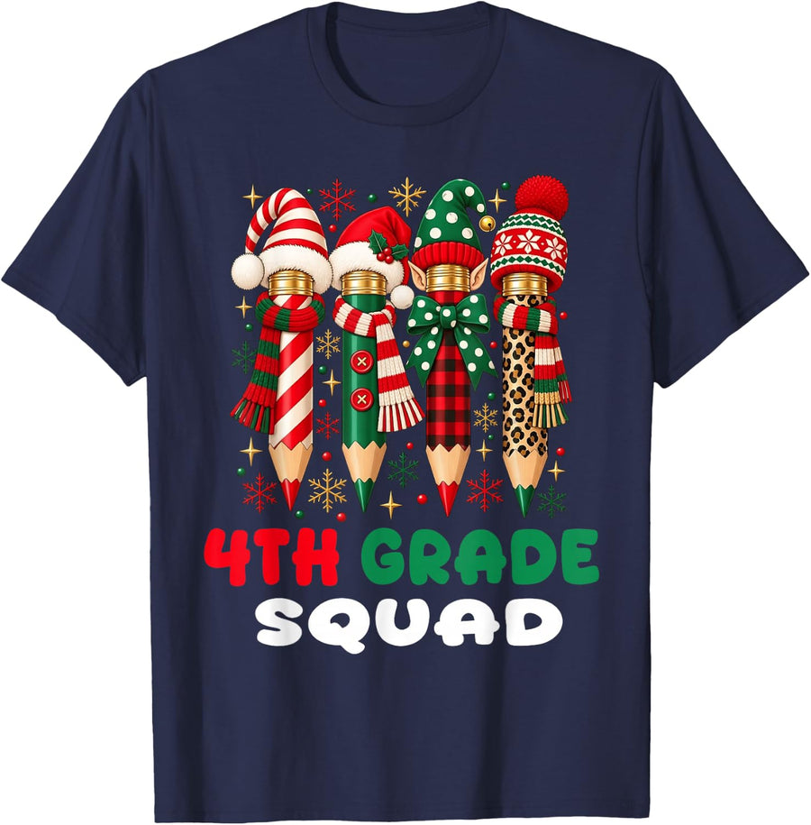 4th Grade Teacher Christmas Fouth Grade Squad Pencil Xmas T-Shirt - Navy Blue