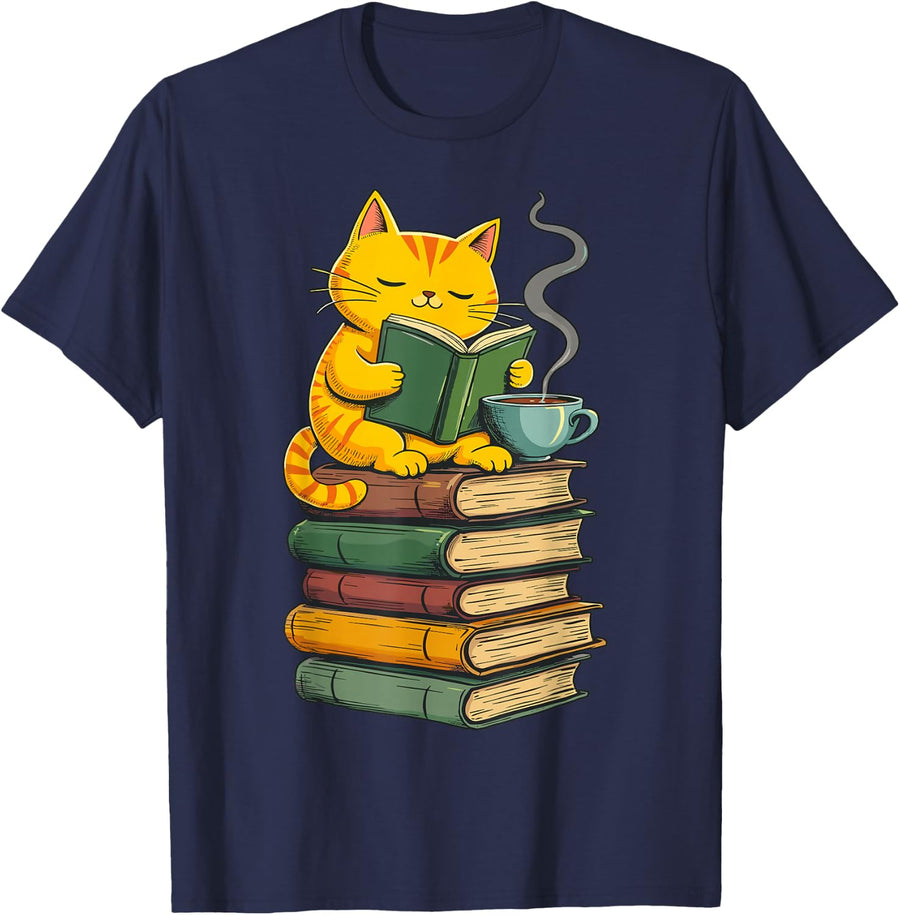 Kawaii Cats Lover Coffee Books Teacher Librarian Cat T-Shirt - Navy Blue