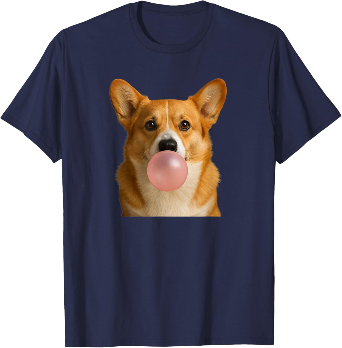 Corgi Dog Blows Bubble | Funny pup Chews Pink Bubblegum T-Shirt - Navy Blue