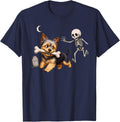 Dog Stealing Bone from Skeleton Yorkshire Terrier Halloween T-Shirt - Navy Blue