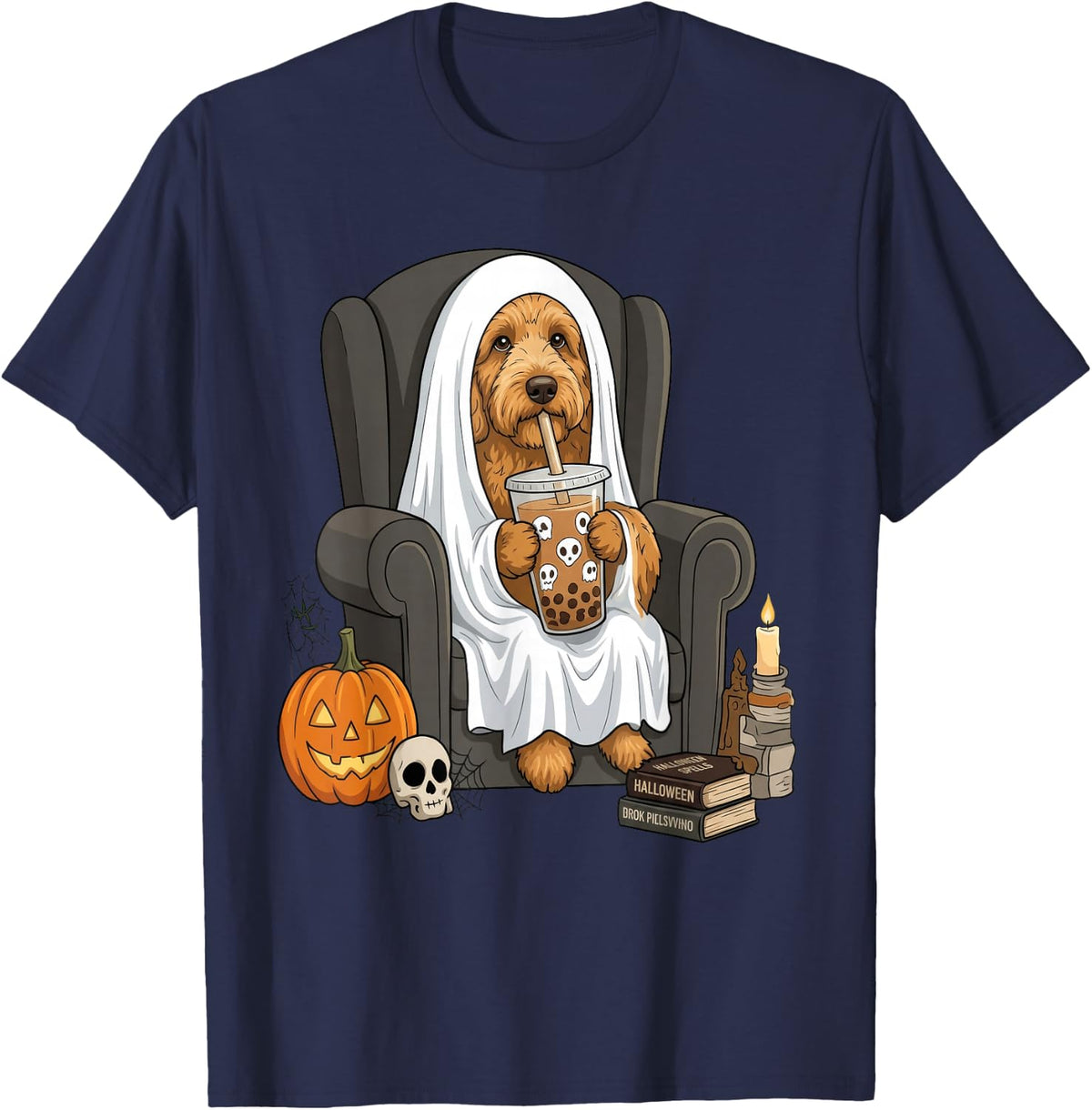 Cute Goldendoodle Ghost Dog Drinking Boba Tea T-Shirt - Navy Blue