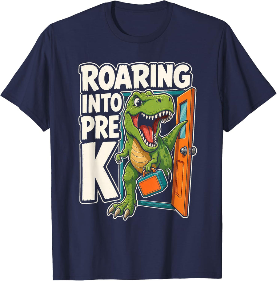 Dinosaur T Rex Roaring Into Pre K Preschool Back to School T-Shirt - Navy Blue