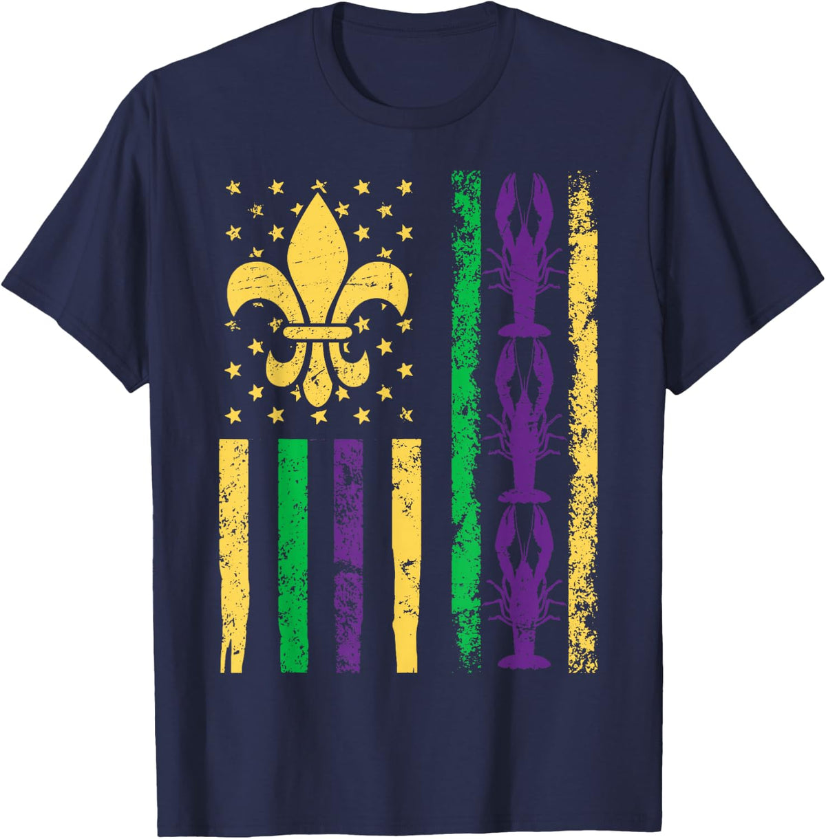 Mardi Gras Crawfish American Flag Louisianians T-Shirt - Navy Blue