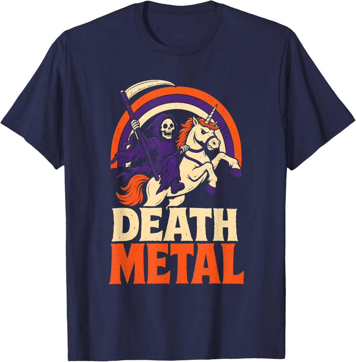 Halloween Death Metal Grim Reaper Unicorn Rainbow Funny T-Shirt - Navy Blue
