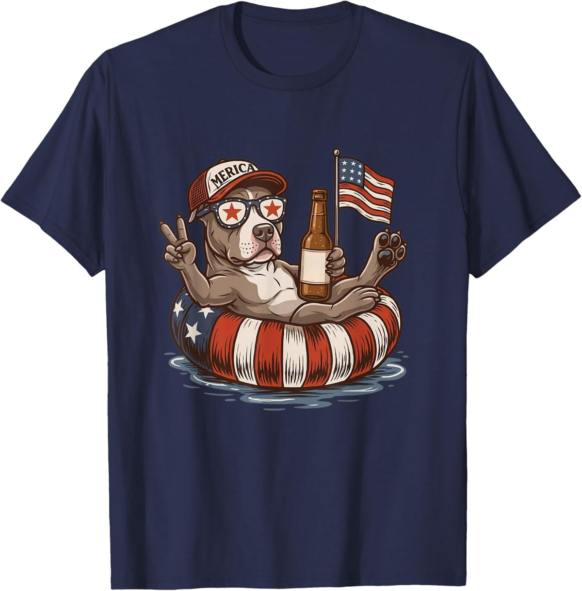 Funny Patriotic Pitbull Beer Float American Flag for Owner T-Shirt - Navy Blue