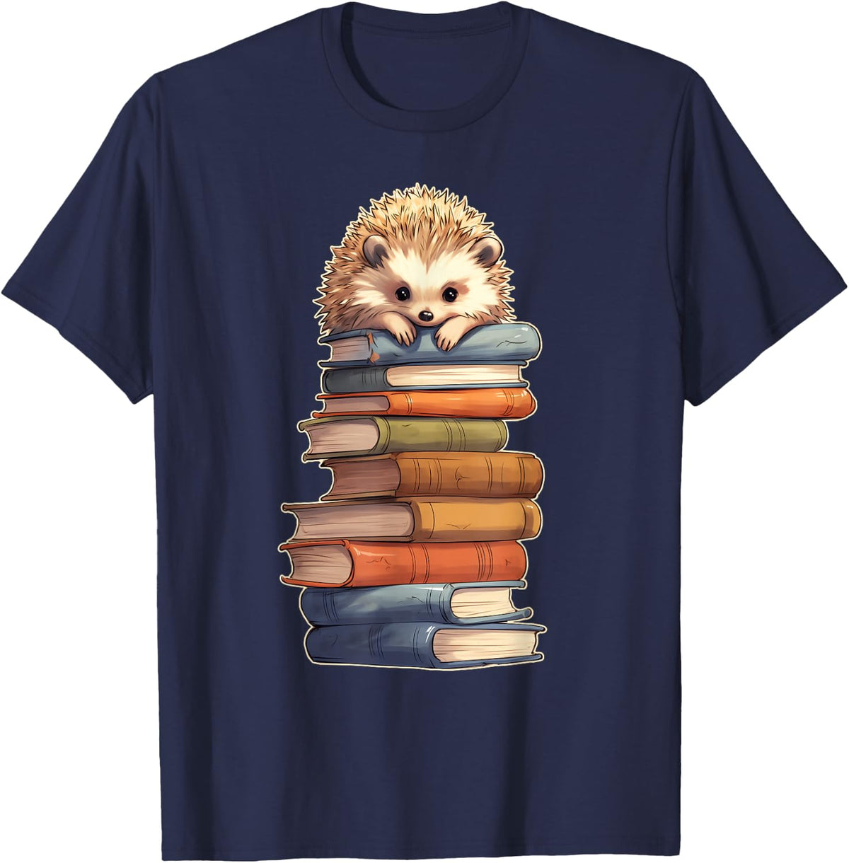Hedgehog Books Stack of Books Reading Books T-Shirt - Navy Blue