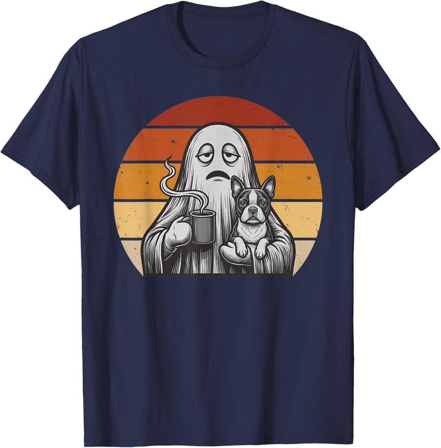 Grumpy Ghost Boston Terrier Dog Coffee Lover Spooky Season T-Shirt - Navy Blue