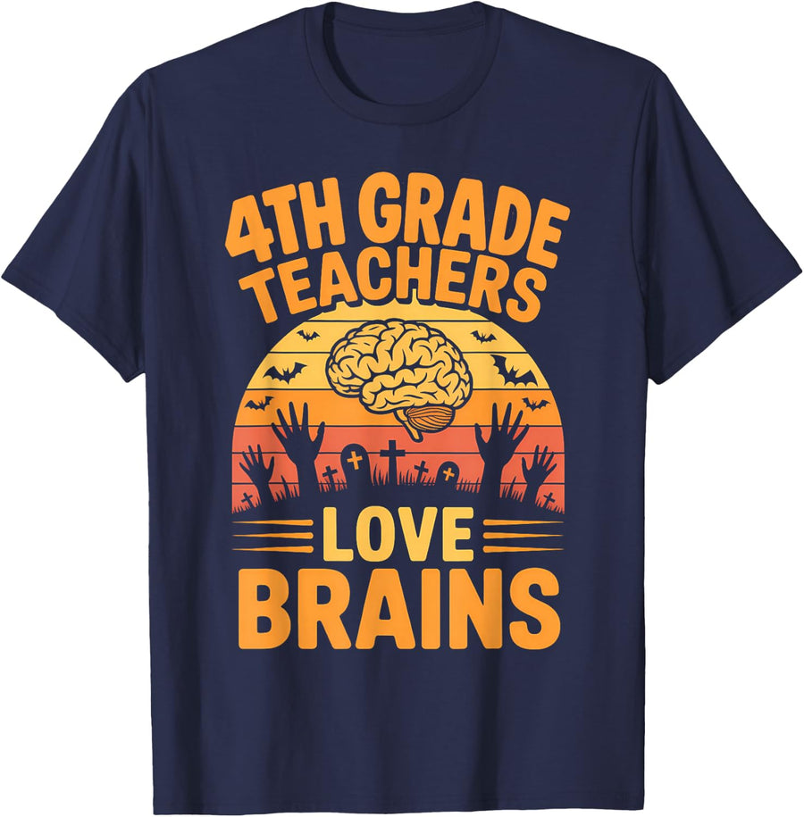 4th Grade Teachers Love Brains School Fun Halloween T-Shirt - Navy Blue