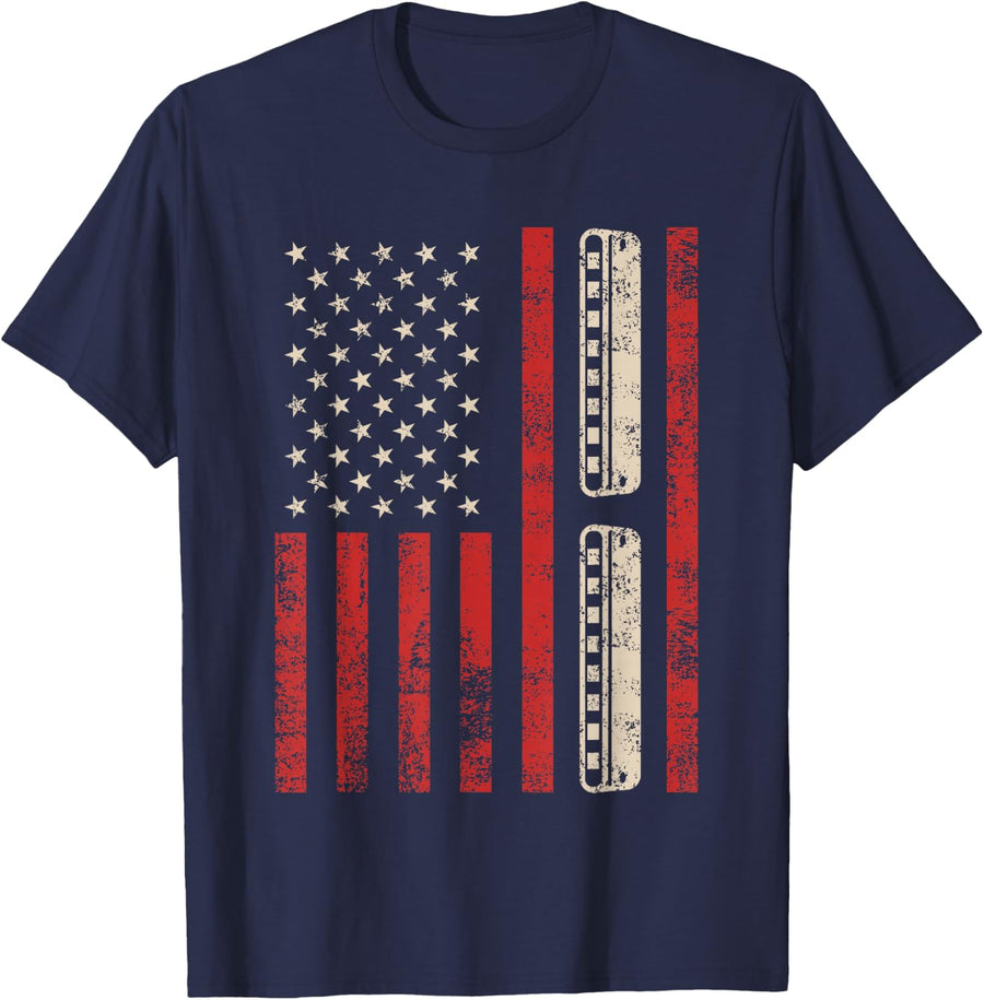 Harmonica Vintage American Flag Patriotic Harmonica Player T-Shirt - Navy Blue