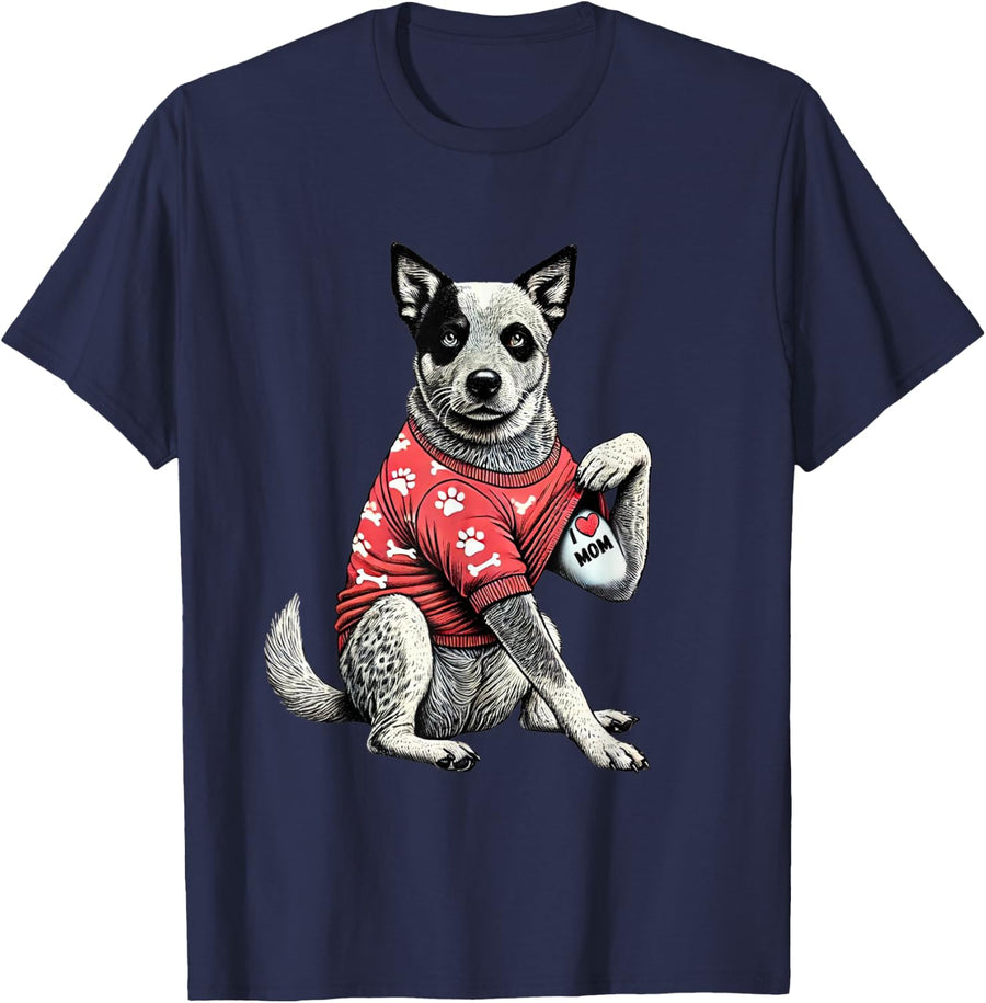 Funny I Love Mom Tattoo Australian Cattle Dog Mom For Women T-Shirt - Navy Blue