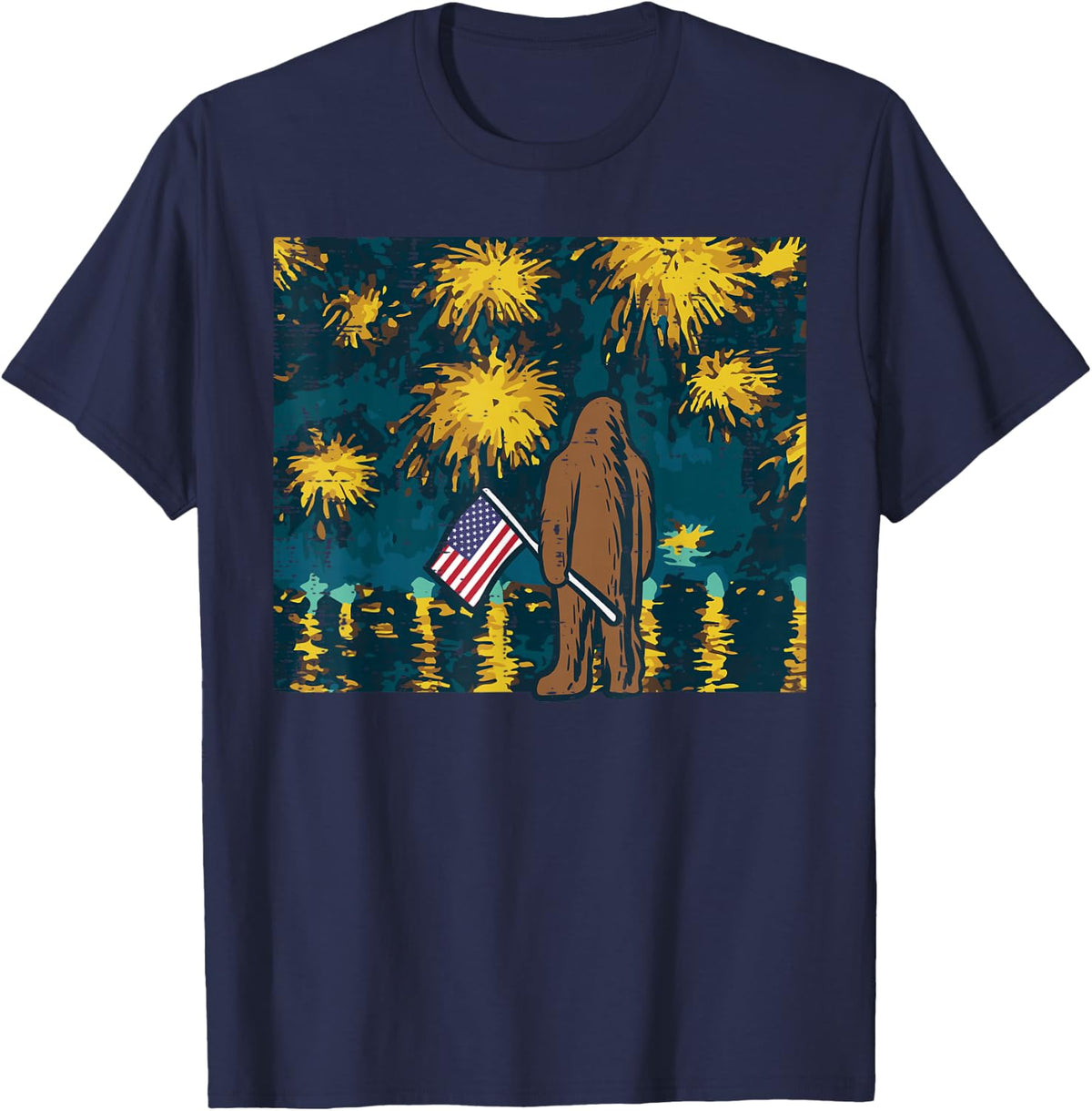 4th July Bigfoot Starry Night Firework Patriot Men Women Kid T-Shirt - Navy Blue