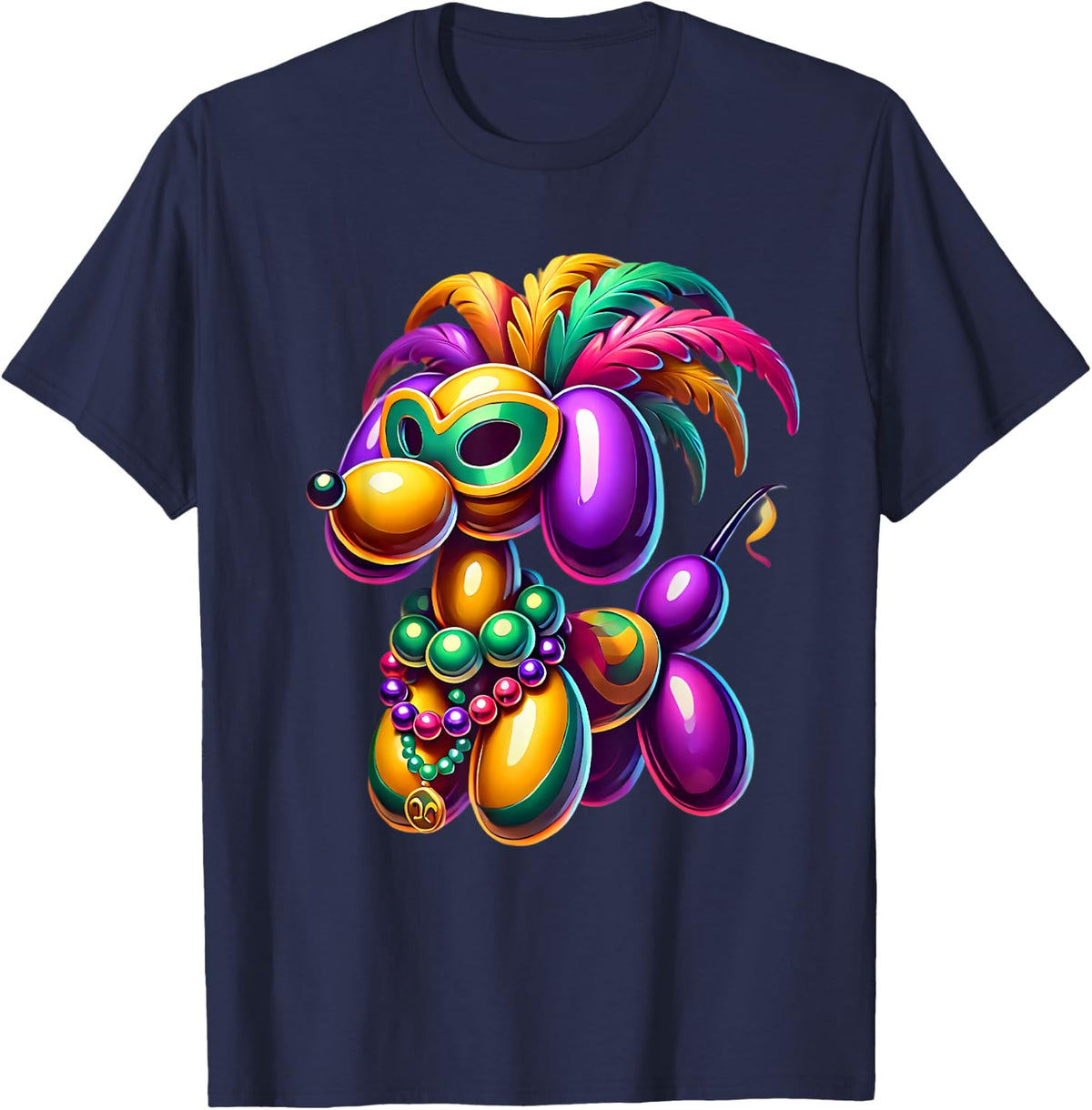 Mardi Gras Balloon Dog Wearing Mardi Gras Costume Beads T-Shirt - Navy Blue