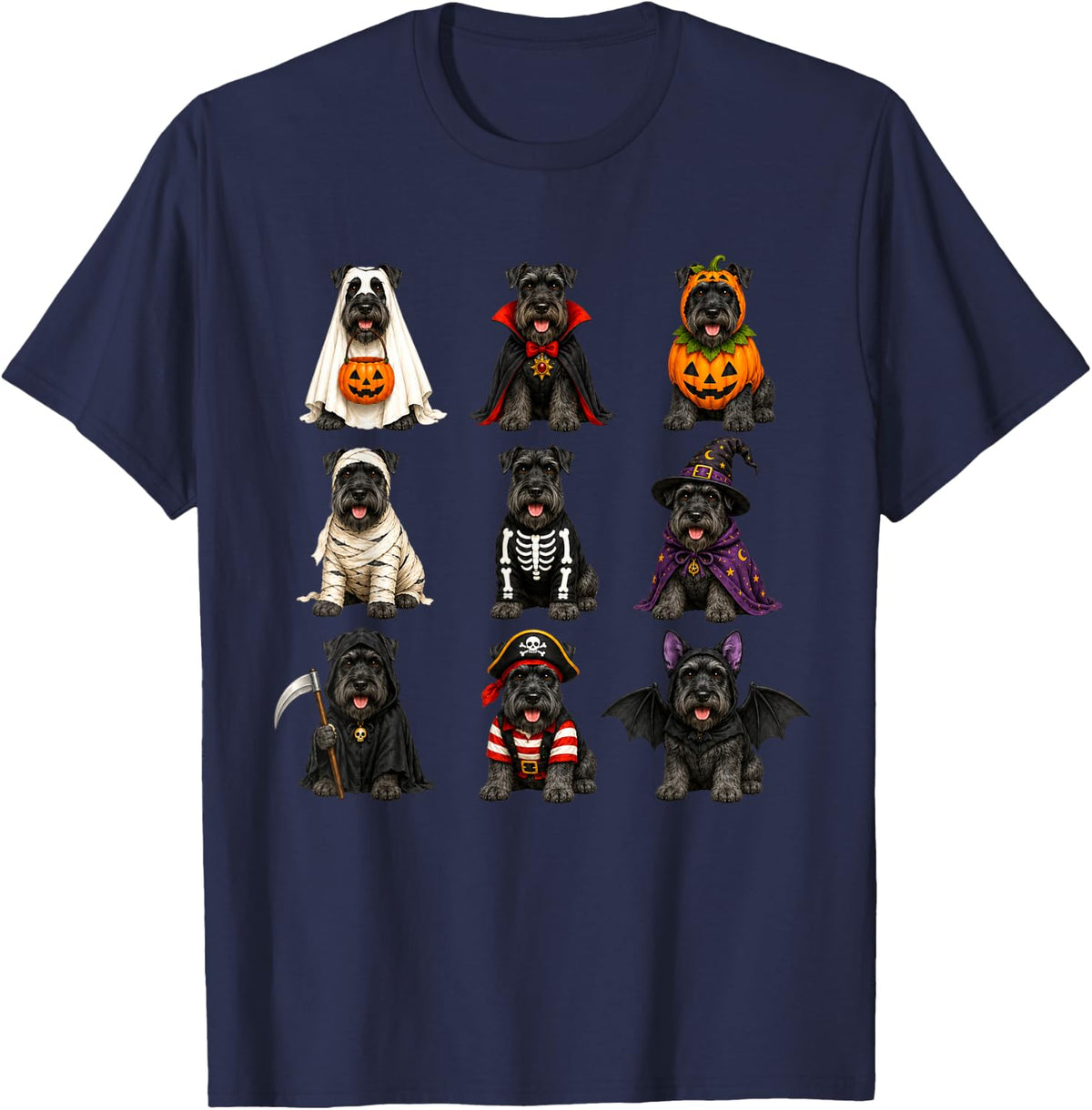 Halloween Giant Schnauzer Squad Pumpkin Vampire Mummy Witch T-Shirt - Navy Blue