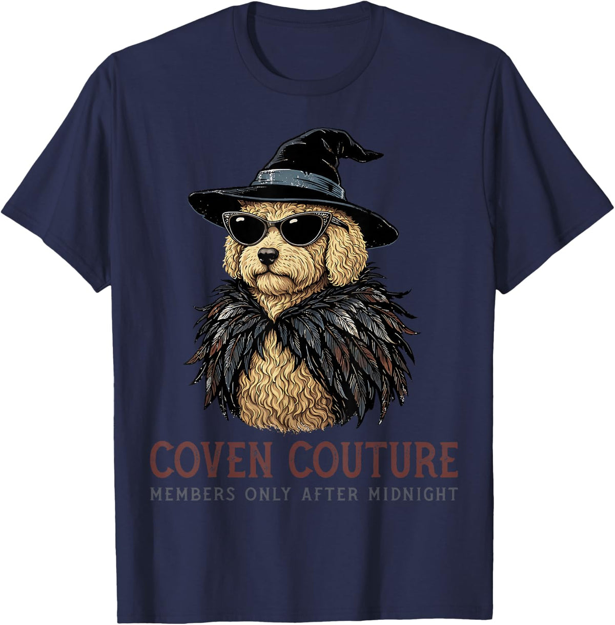 Goldendoodle Golden Doodle Witch Hat Sunglasses Feathers T-Shirt - Navy Blue