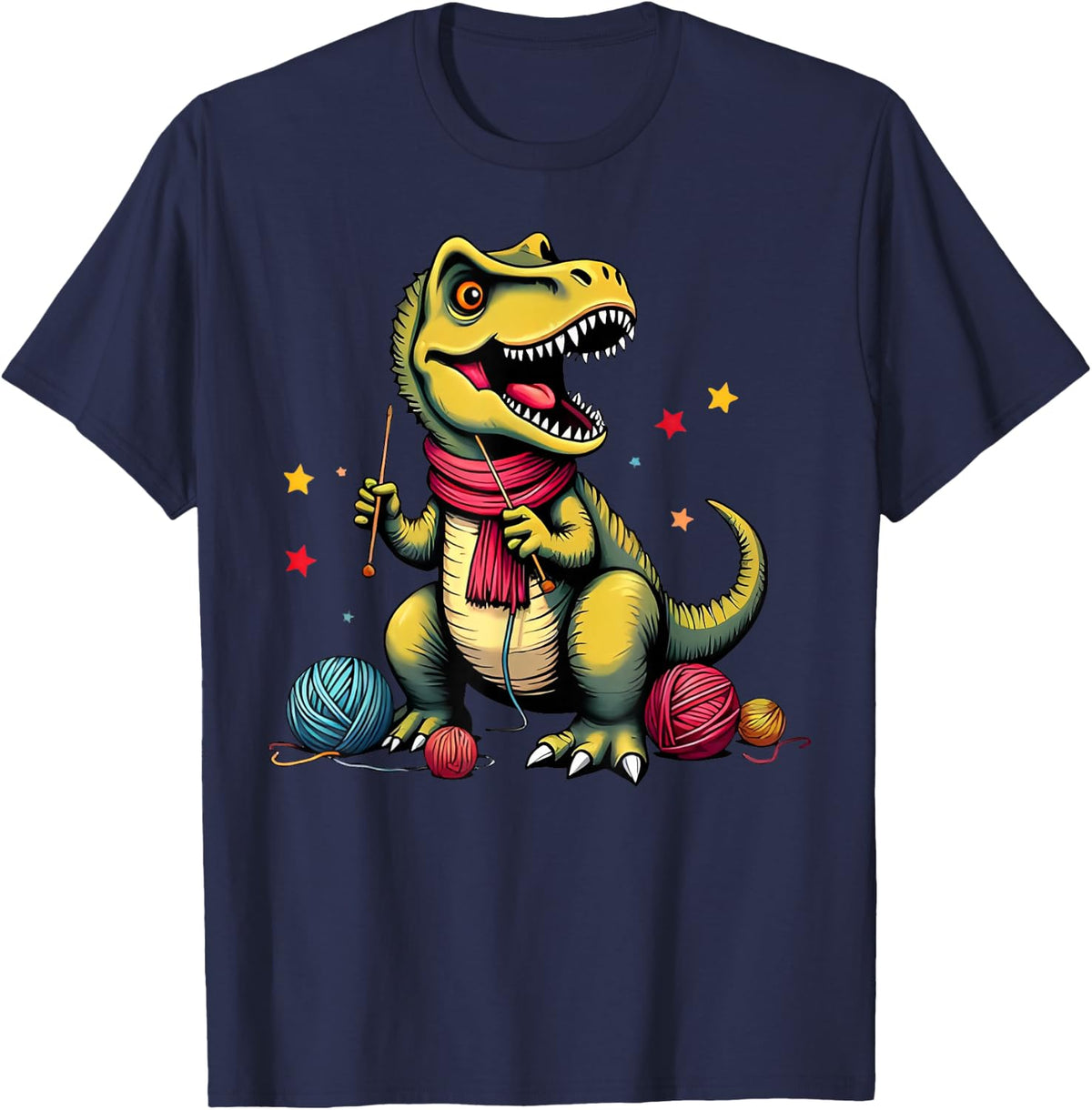 Cute Crochet Yarn Dinosaur T Rex Knitting Crochet T-Shirt - Navy Blue