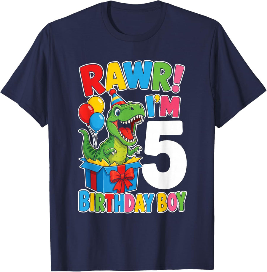 Dinosaur 5th Birthday Boy Rawr I'm 5 T Rex Five Year Old T-Shirt - Navy Blue