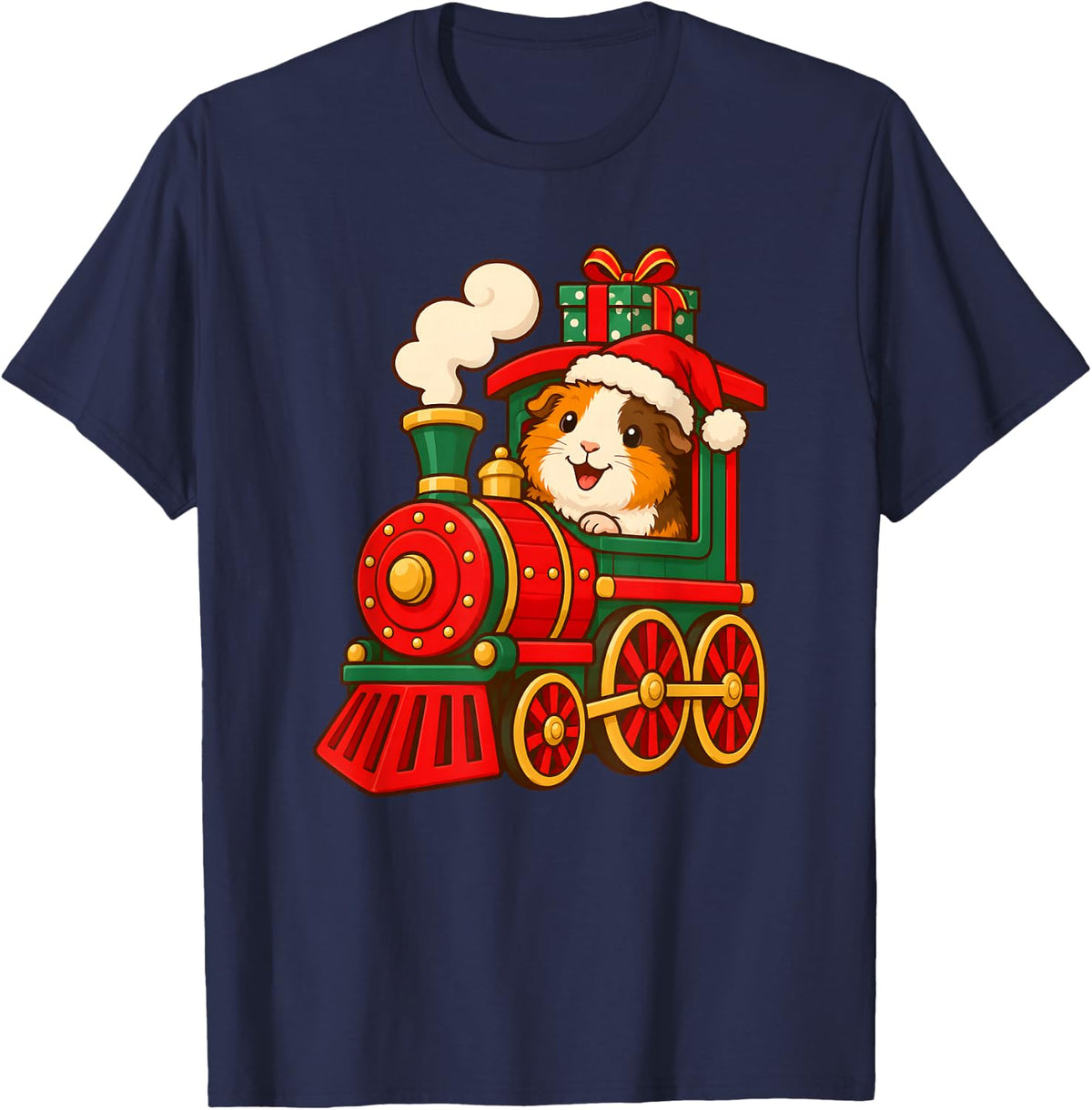 Cute Guinea Pig Santa Hat Toy Train Christmas Cavy Lover T-Shirt - Navy Blue
