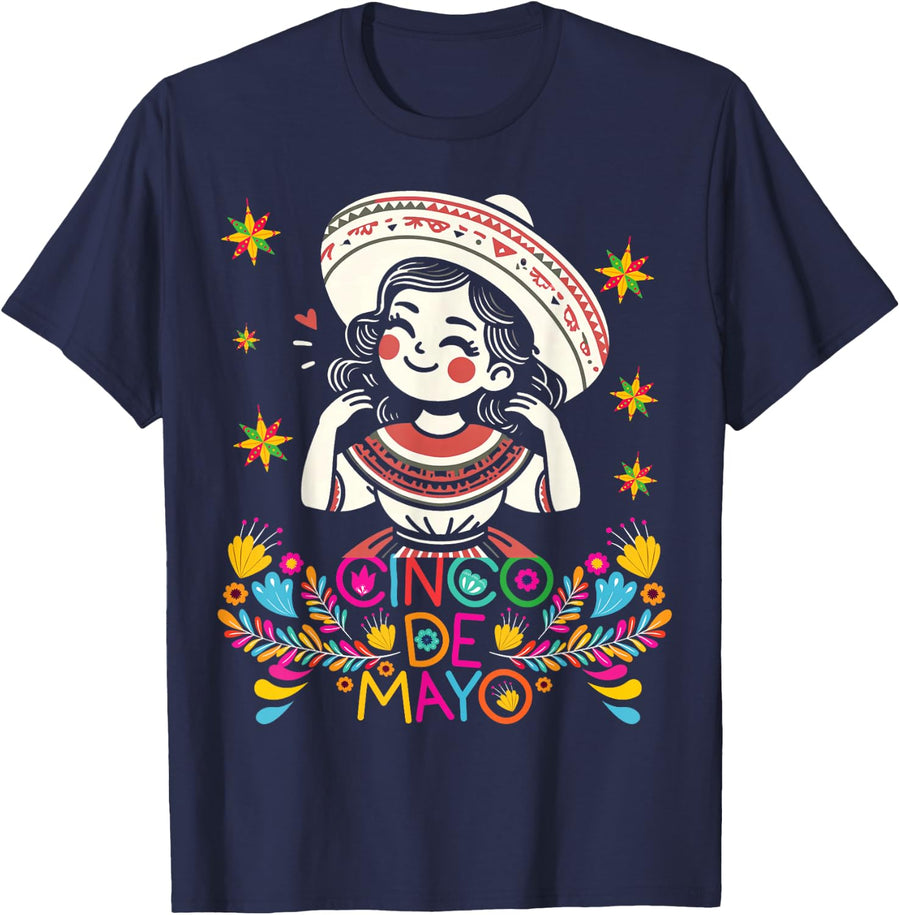 Cinco De Mayo Mexican Poncho 5 De Mayo Anime Cute Girl T-Shirt - Navy Blue