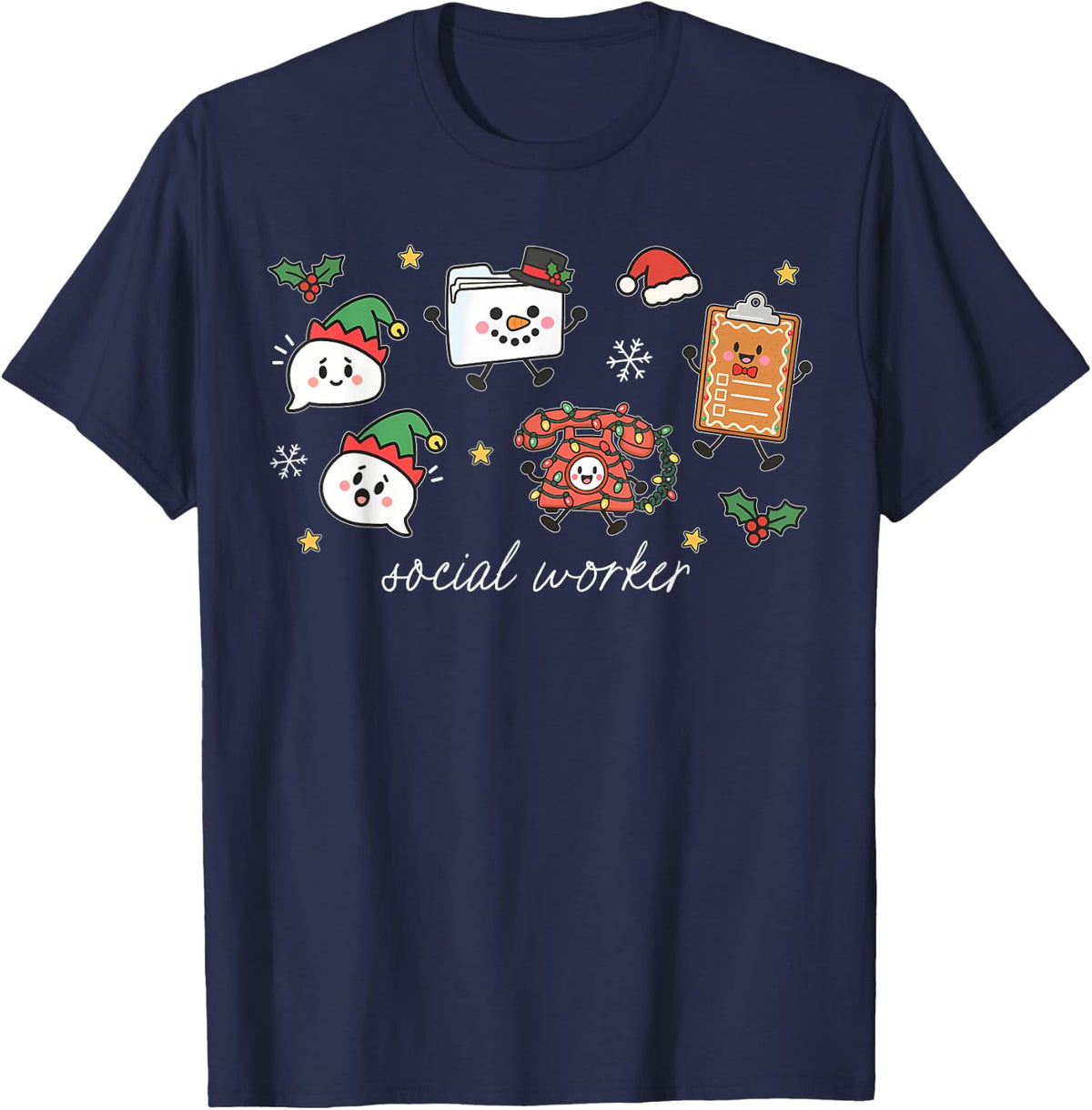Christmas Social Worker Cute Doodle Winter Mental Health T-Shirt - Navy Blue