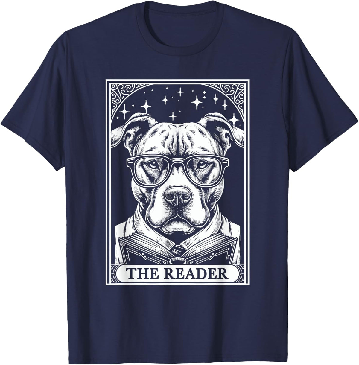 Tarot Card Vintage Pit Bull Pittie Dog Book Lover The Reader T-Shirt - Navy Blue