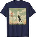 Vintage Japanese Cat Alien Cat Dad UFO Abduction Tee T-Shirt - Navy Blue