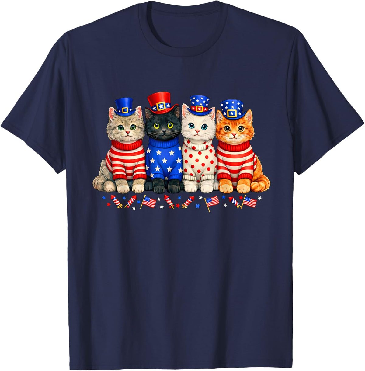 4th of July Patriotic Cats Flags Fireworks Independence Day T-Shirt - Navy Blue