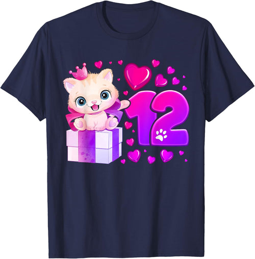 12th Birthday Girl 12 Years Cat Number 12 T-Shirt - Navy Blue
