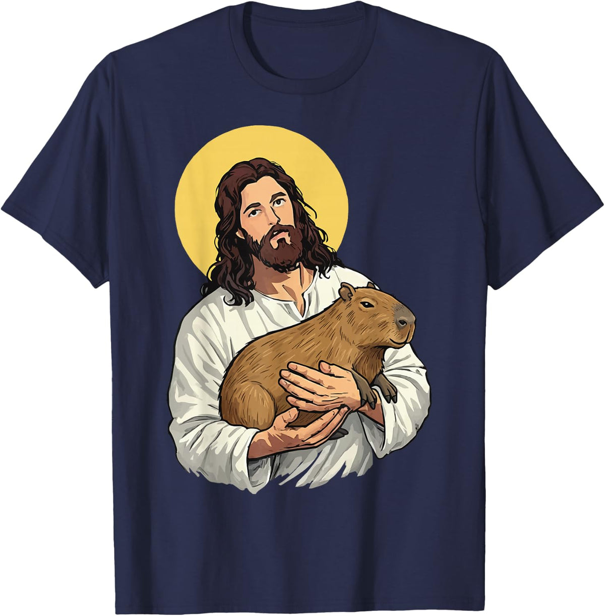 Jesus Holding Capybara T-Shirt - Navy Blue
