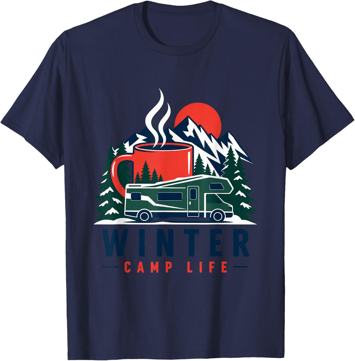 Winter Camp Life Mug and Van Print T-Shirt - Navy Blue