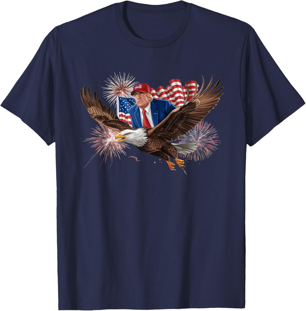 Patriotic Trump Riding Bald Eagle American Pride July 4th T-Shirt - Navy Blue