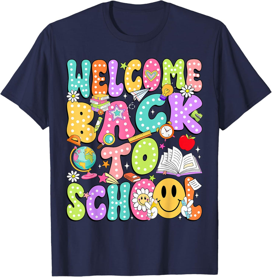 Retro Welcome Back to School Teacher Appreciation Boys Girls T-Shirt - Navy Blue