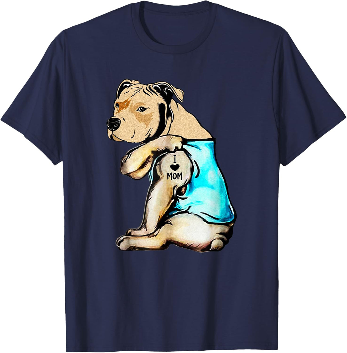 Pit Bull I Love Mom Tattoo T-Shirt Dog Mom Tees Tee - Navy Blue