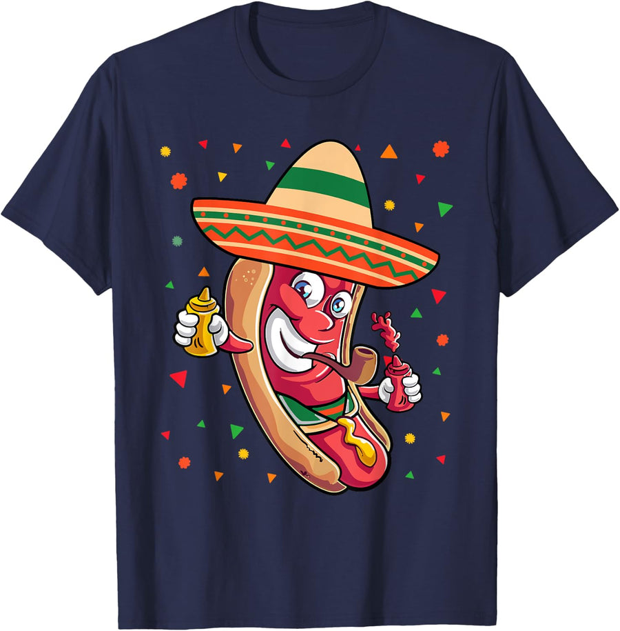 Funny Hotdog Mexican Sombrero Cinco De Mayo Sausage Mexican Men Women T-Shirt - Navy Blue