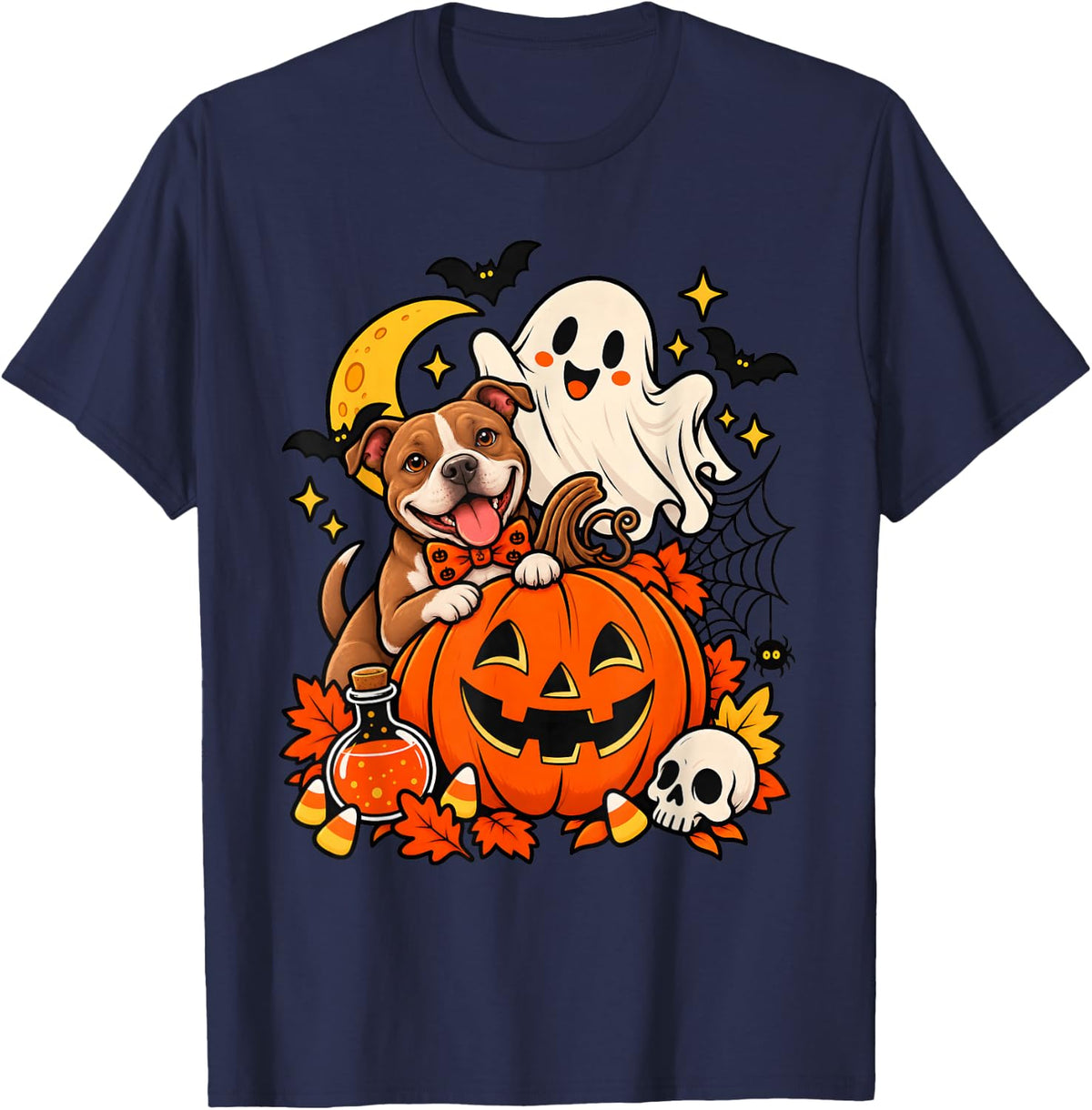 Retro Pumpkin Ghost Pitbull Dog Spooky Pet Lover Halloween T-Shirt - Navy Blue