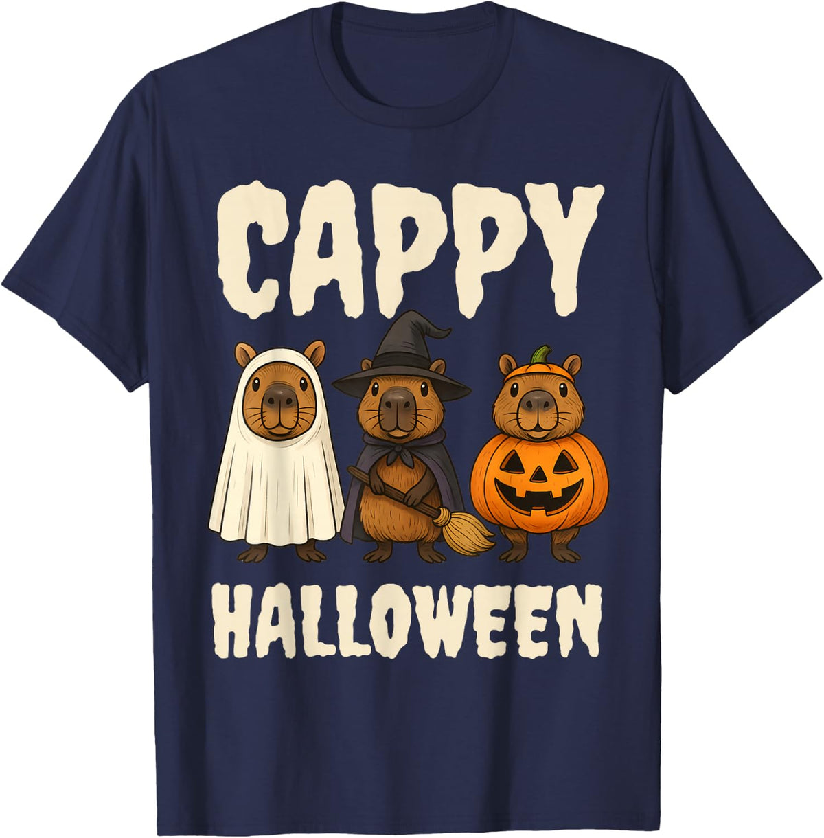 Cappy Halloween Funny Capybara Ghost Witch Pumpkin Spooky T-Shirt - Navy Blue