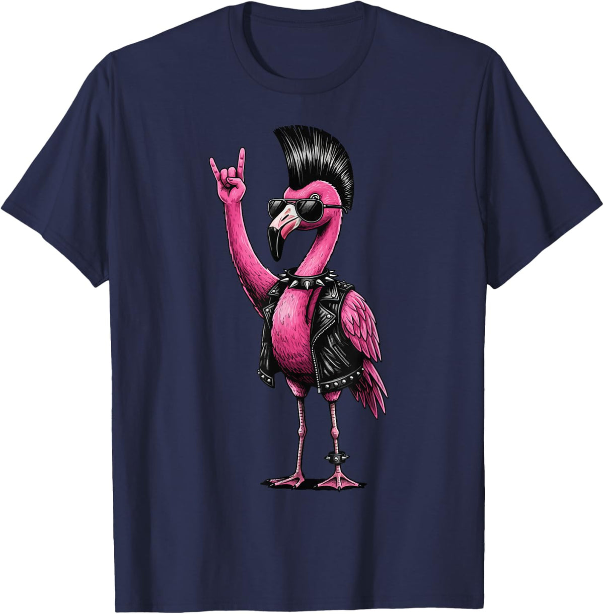 Flamingo Punk Rock Heavy Metal T-Shirt - Navy Blue
