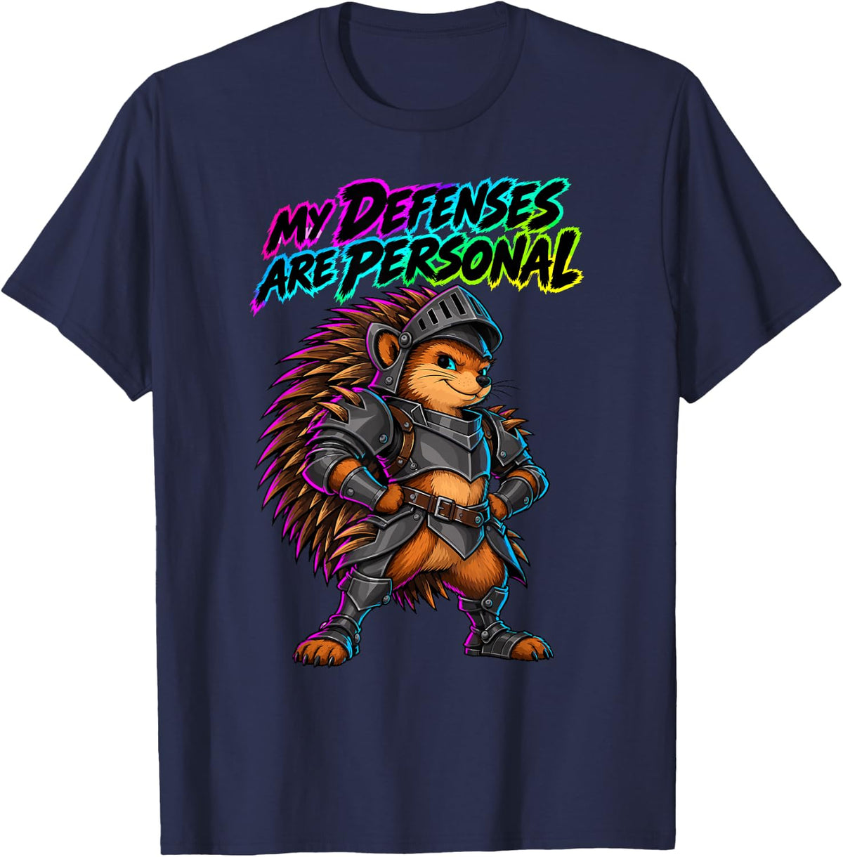 My Defenses are Personal Medieval Hedgehog Knight Spines T-Shirt - Navy Blue