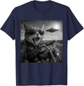 Funny Cat Biker Motorcycle Cat Selfie UFO Aliens Men Women T-Shirt - Navy Blue