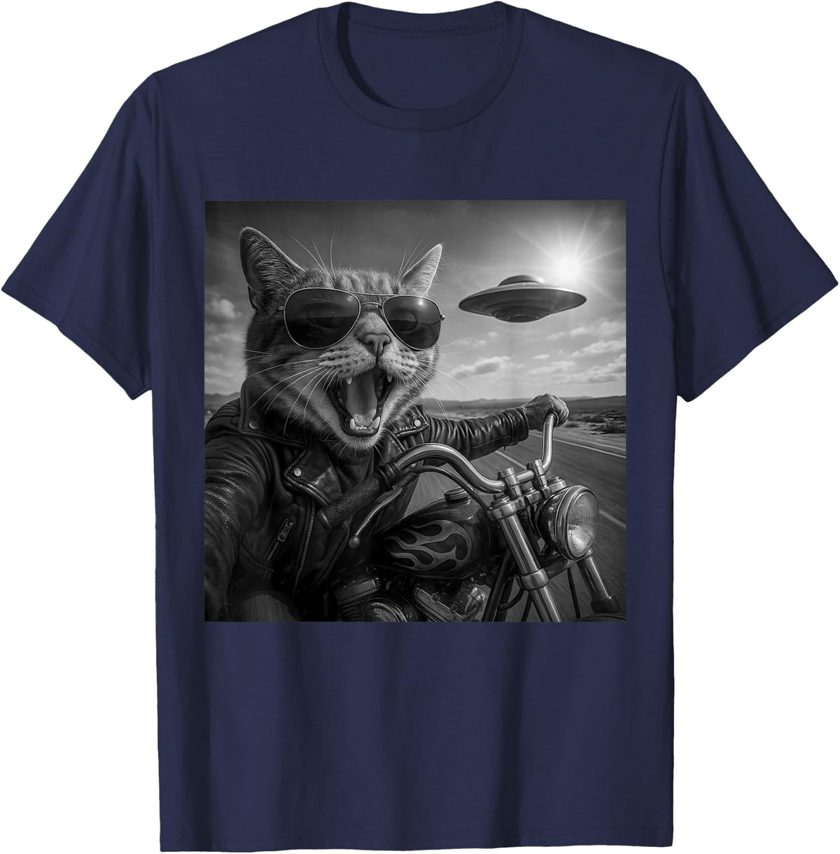 Funny Cat Biker Motorcycle Cat Selfie UFO Aliens Men Women T-Shirt - Navy Blue