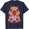 Cute Capybara with Boba Bubble Tea T-Shirt Tee for Kawaii Animal Lovers - Navy Blue