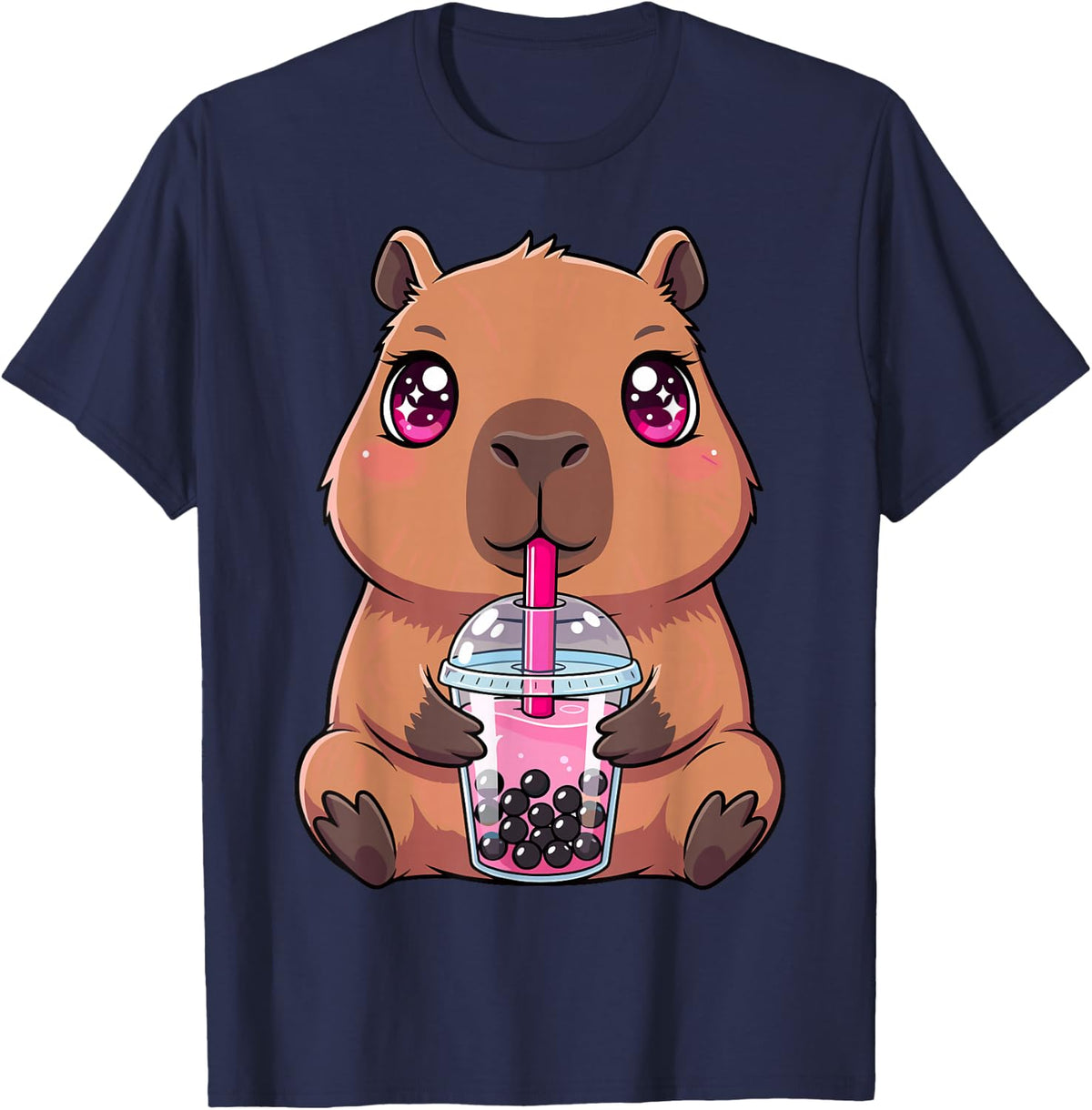Cute Capybara with Boba Bubble Tea T-Shirt Tee for Kawaii Animal Lovers - Navy Blue