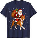 Festive Holiday Funny Santa Riding Basenji Dog Christmas T-Shirt - Navy Blue