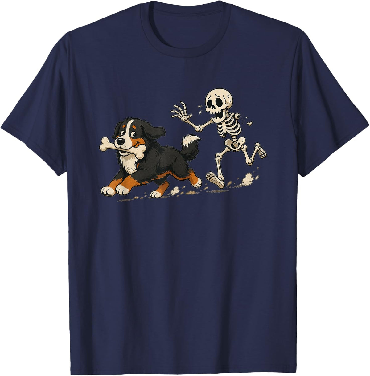 Bernese Mountain Dog Chasing Skeleton Halloween T-Shirt - Navy Blue