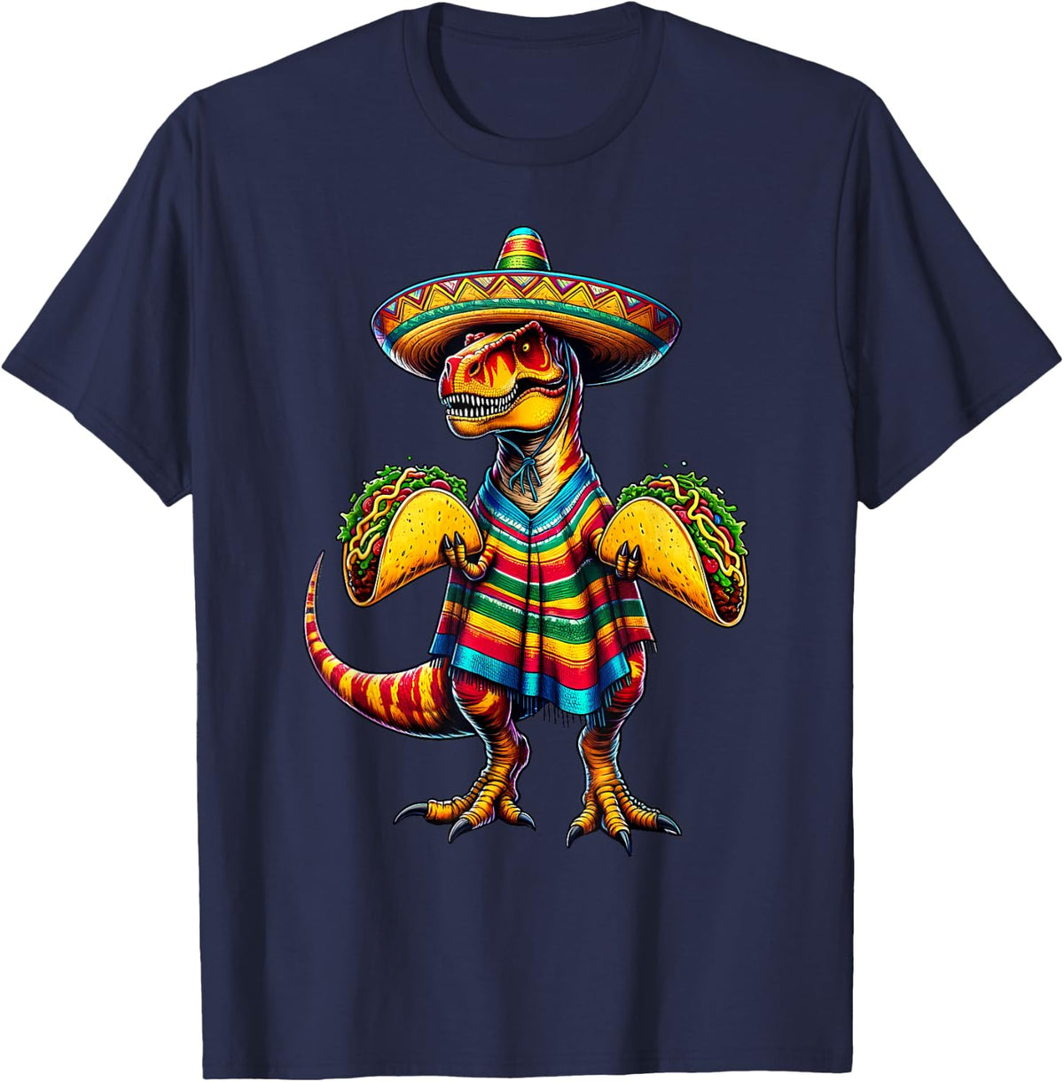 T-Rex Dinosaur Taco Lover Cinco de Mayo Sombrero Poncho Tees T Shirts - Navy Blue