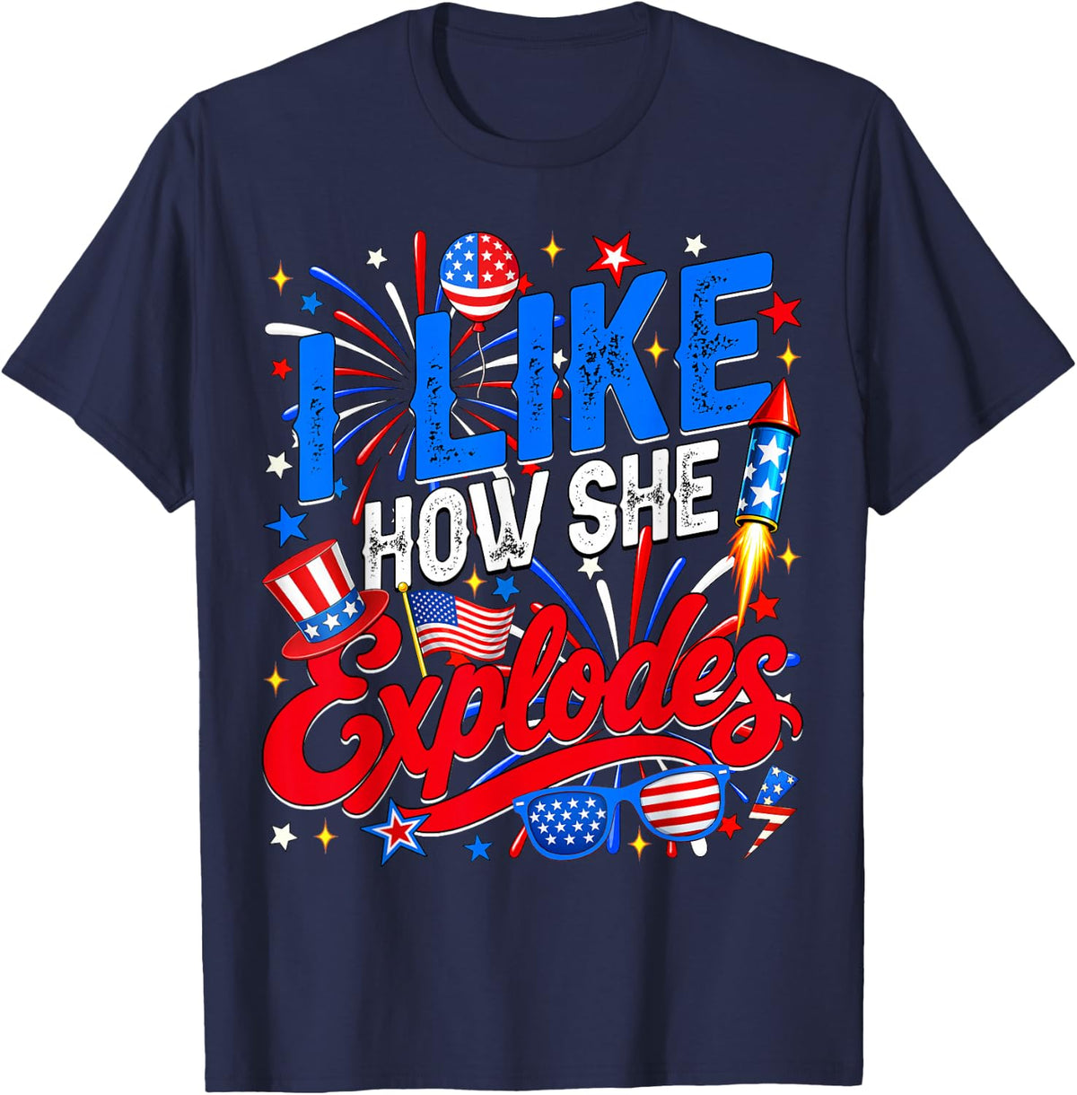 4th of July I Like How She Explodes Couple Matching He Bangs T-Shirt - Navy Blue
