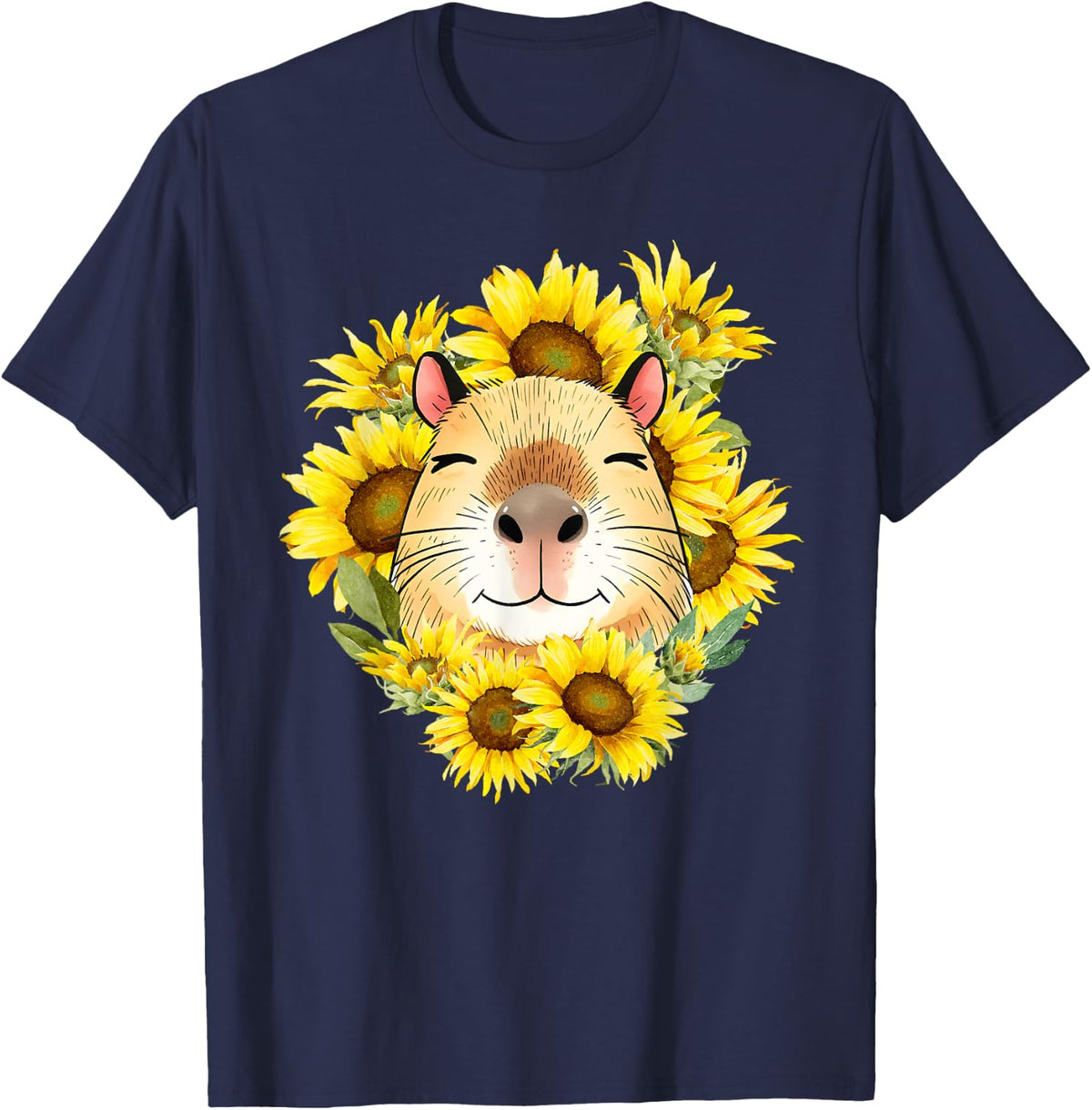 Hippie CAPYBARAS Sunflower Funny Capybara T-Shirt - Navy Blue