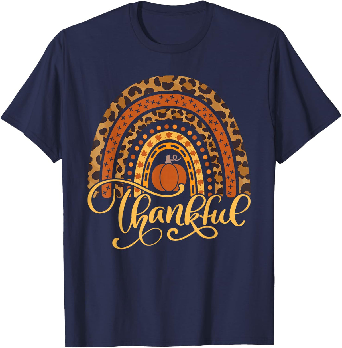 Boho Rainbow Leopard Fall Autumn Thankful Women Thanksgiving T-Shirt - Navy Blue