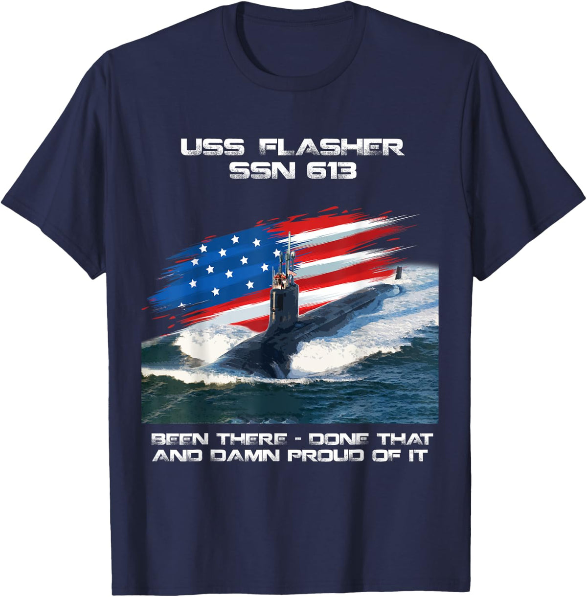 USS Flasher SSN-613 American Flag Submarine Veteran Xmas T-Shirt - Navy Blue