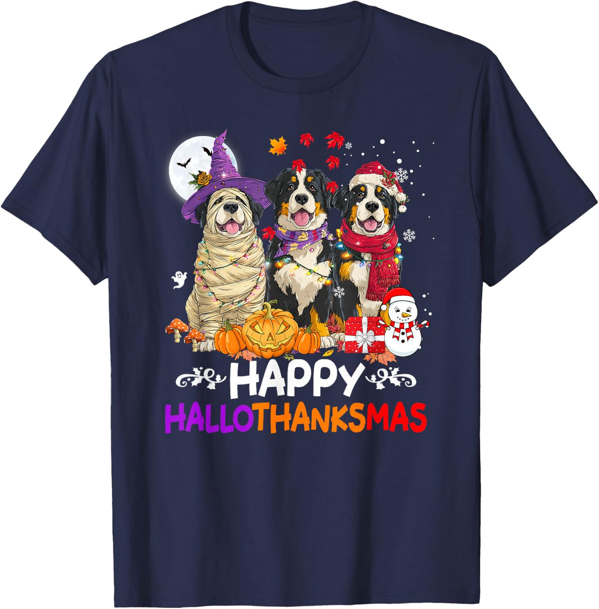 Bernese Mountain Dog Hallothanksmas Halloween Thanksgiving T-Shirt - Navy Blue