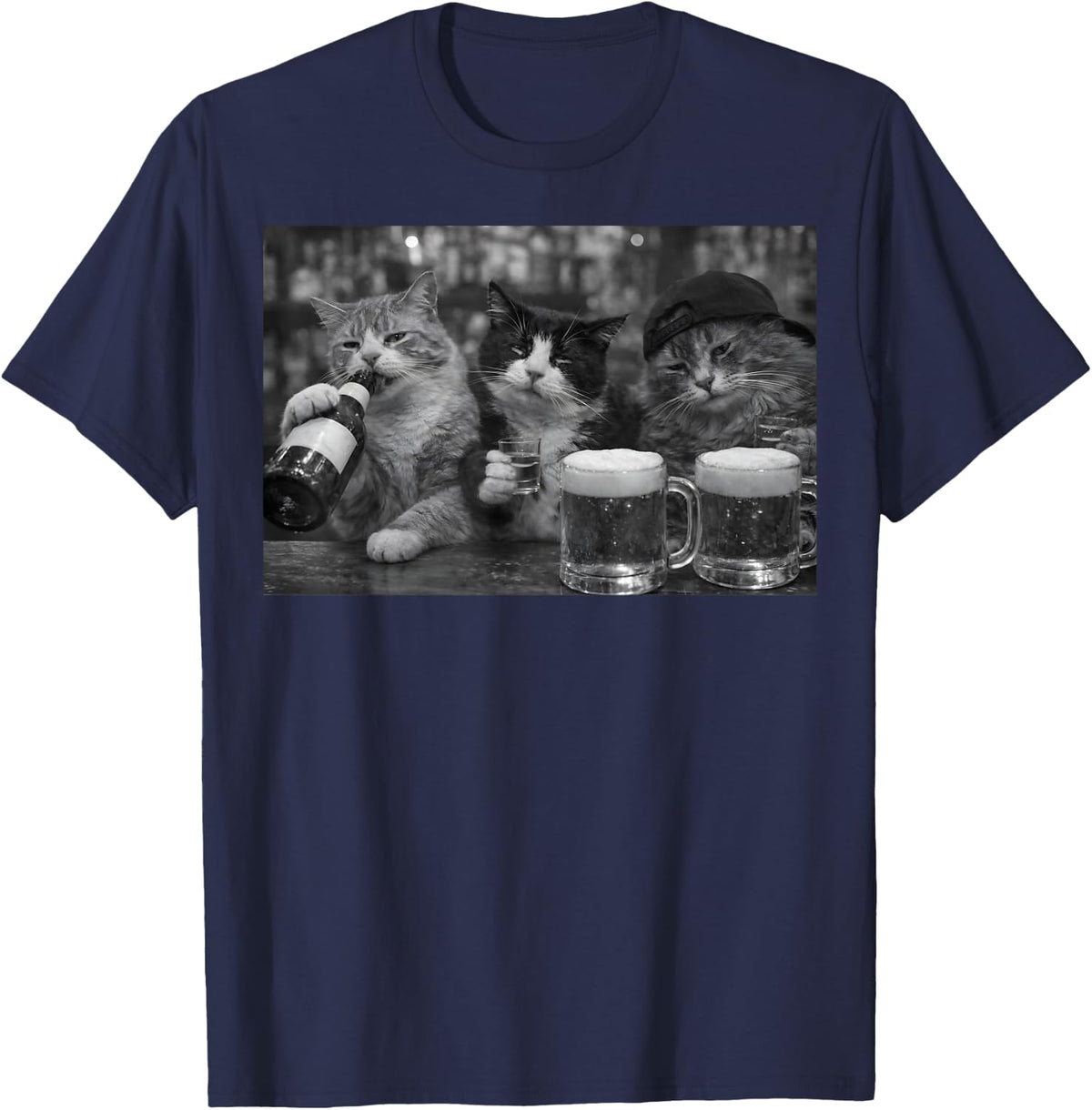 Funny Drinking Cats at Bar White Black Vintage Beer Kitten T-Shirt - Navy Blue